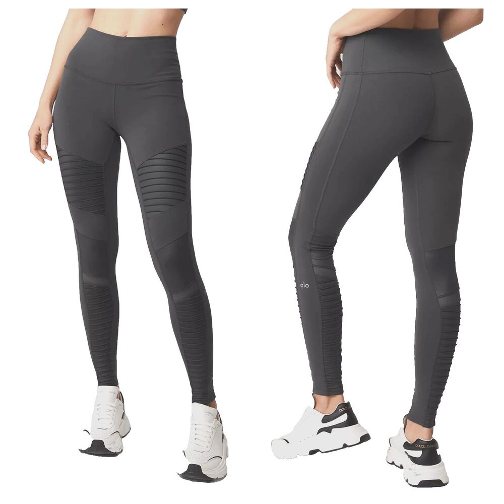ALO Yoga Leggings Moto Small High Rise Gray Ribbed Glossy Mesh Ankle Sculpt 27"